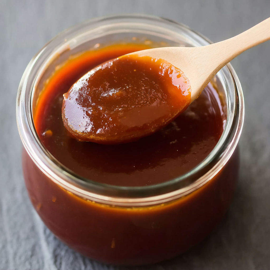 A wooden spoon is being used to scoop up some homemade BBQ sauce.