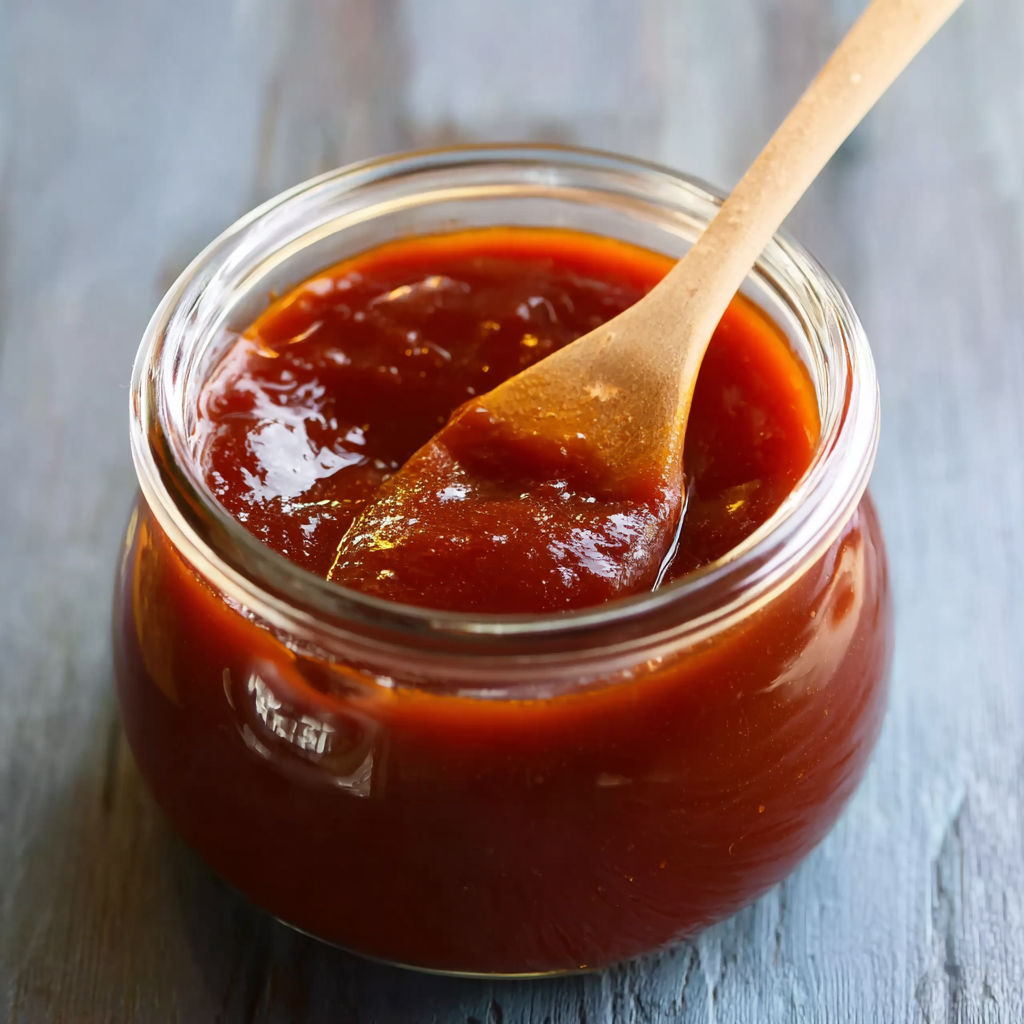 A jar of homemade strawberry jam with a wooden spoon in it.