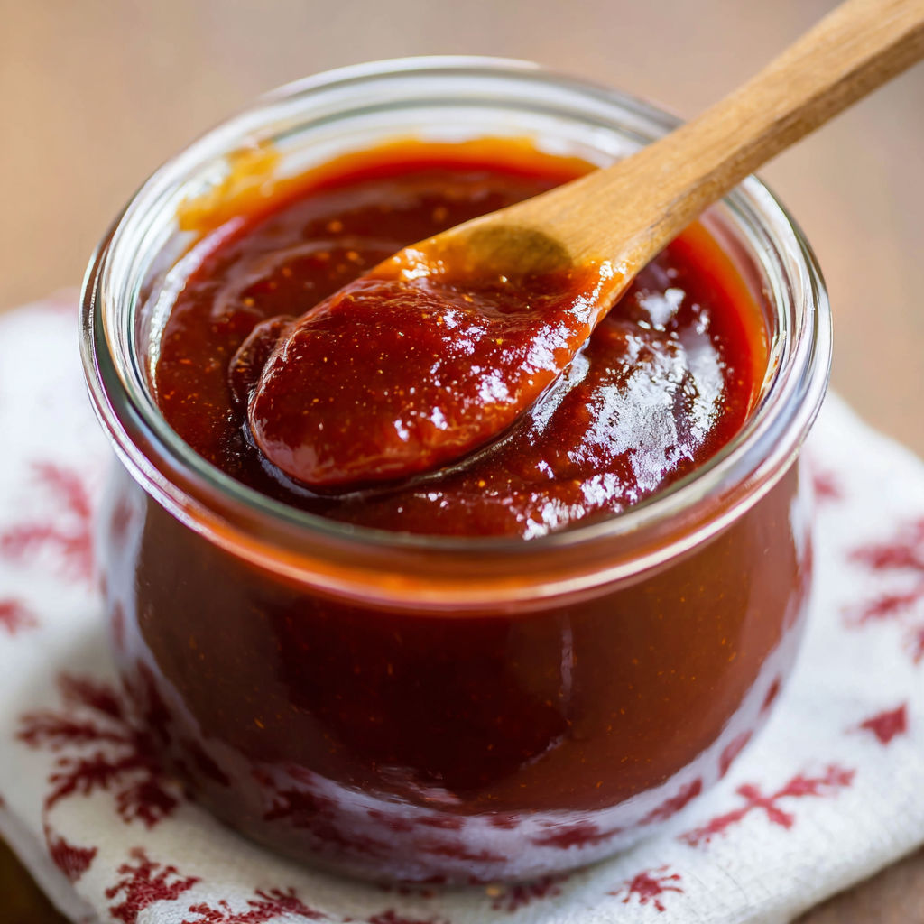 A wooden spoon is being used to stir the contents of a jar of chili sauce.