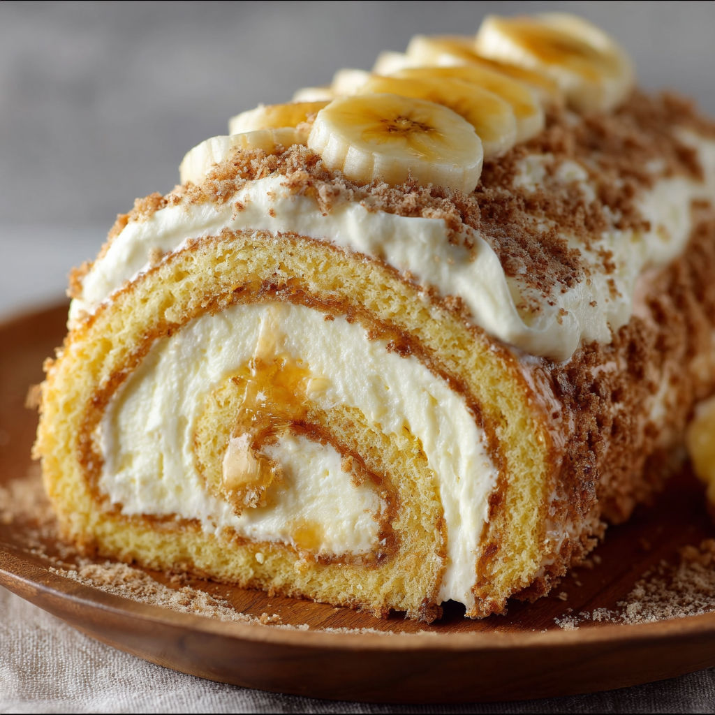 A delicious banana cake roll is presented on a wooden platter.