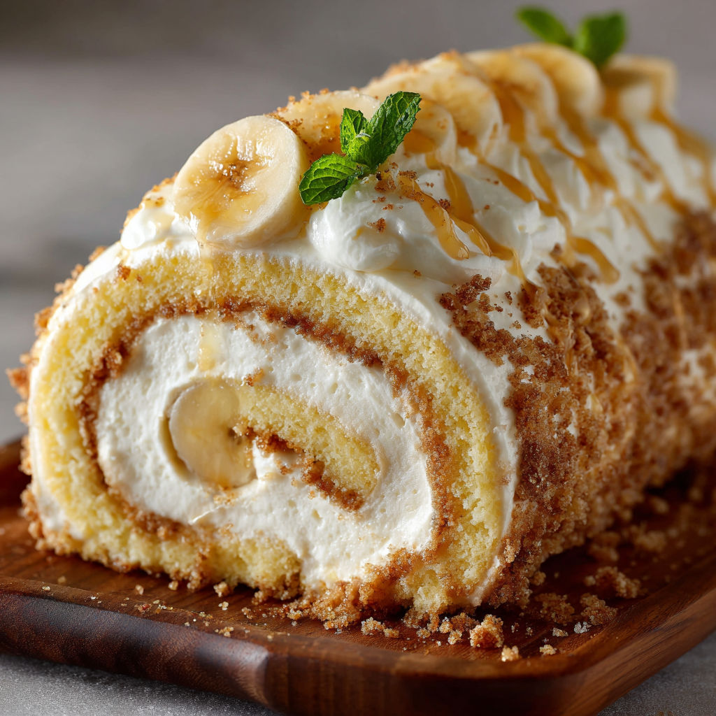 A delicious dessert roll with bananas and whipped cream on a wooden platter.