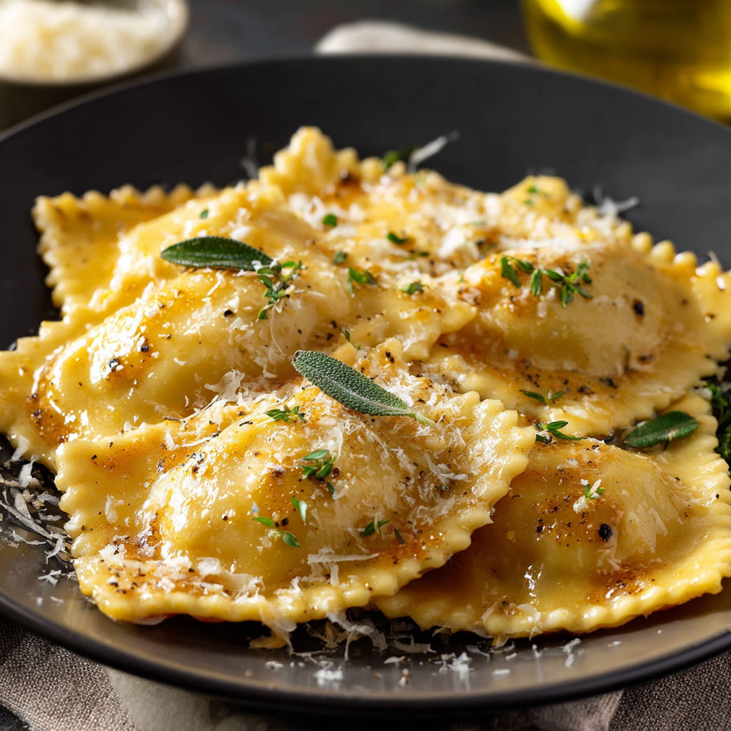 A plate of homemade pumpkin ravioli with garlic brown butter.