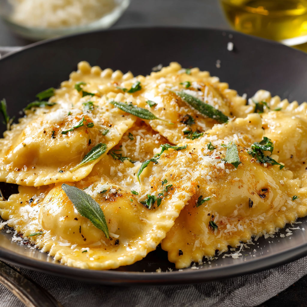 A plate of homemade pumpkin ravioli with garlic brown butter.