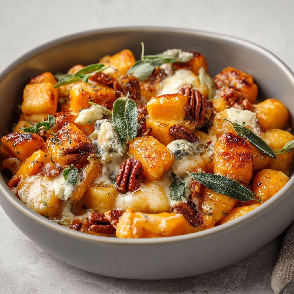 A bowl of Air Fryer Pumpkin Gnocchi Bake is displayed on a table.