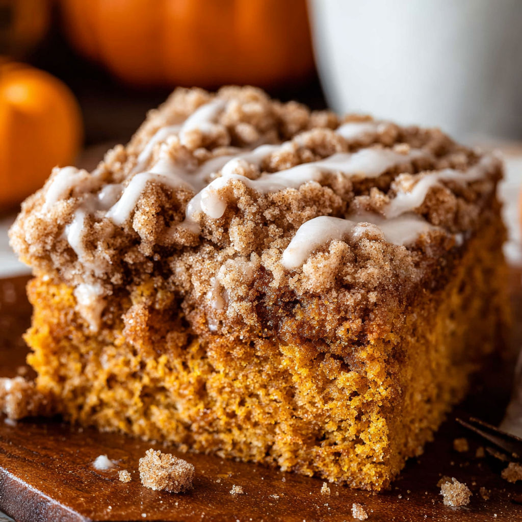 A slice of Pumpkin Coffee Cake with a drizzle of caramel sauce on top.