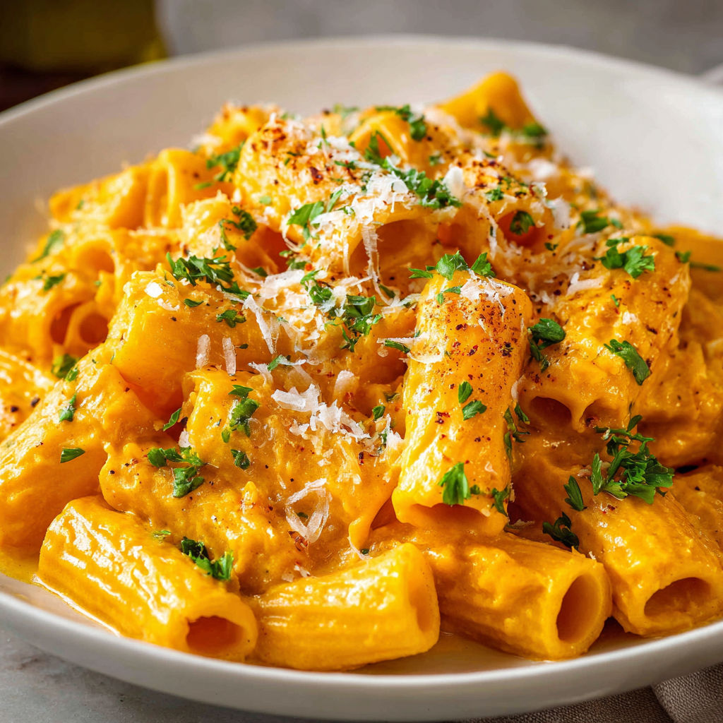 A plate of Creamy Pumpkin Pasta with a generous amount of cheese and herbs.