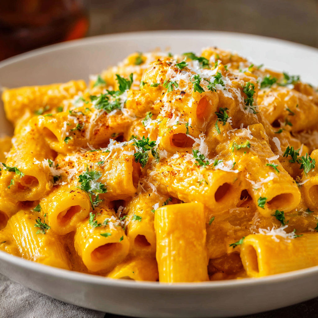 A bowl of pasta with cheese and herbs, possibly a dish called "Penne alla Pesto.