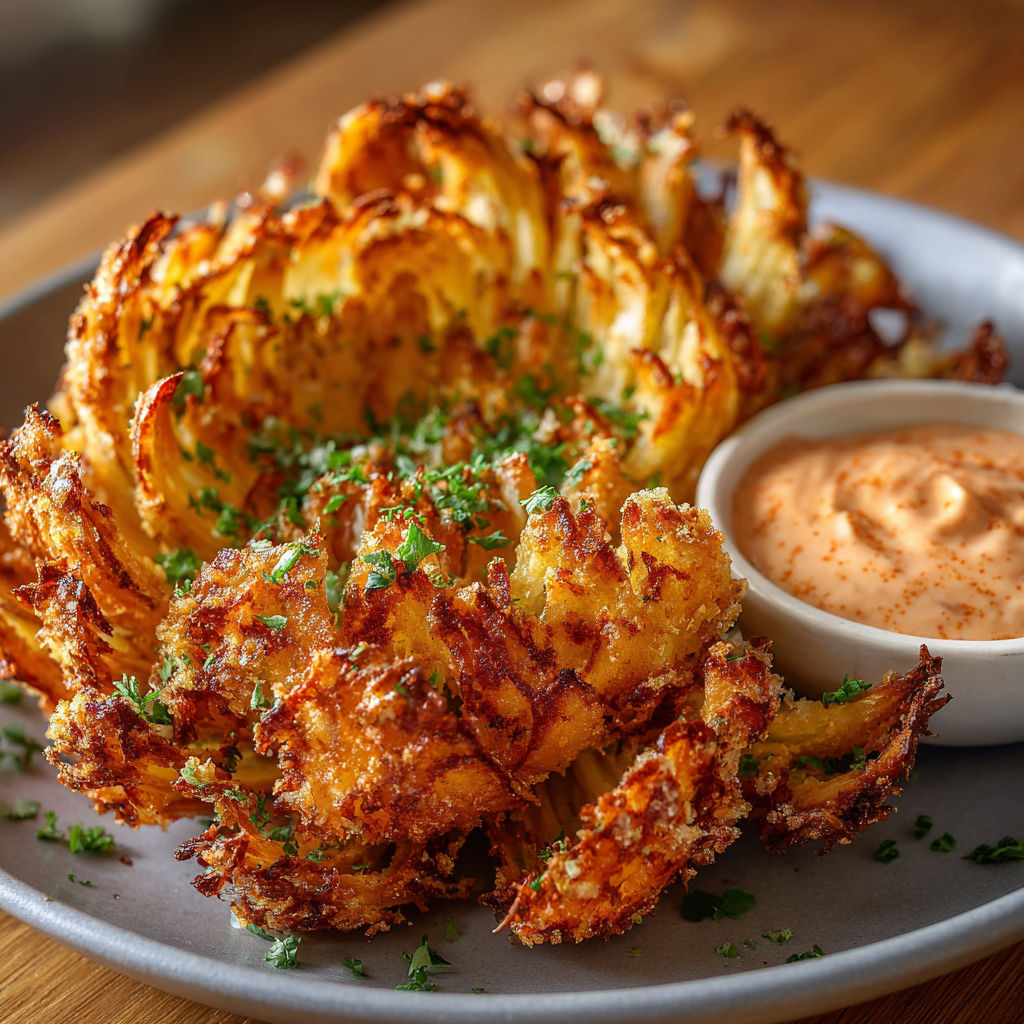 A plate of crispy air fryer blooming onions with a dipping sauce.