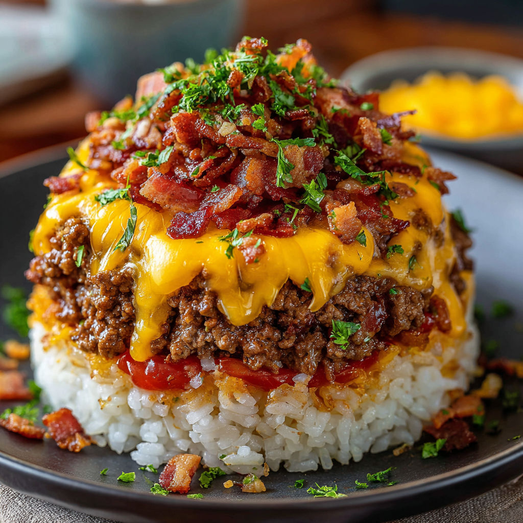 A plate of food with a cheesy bacon burger on top.