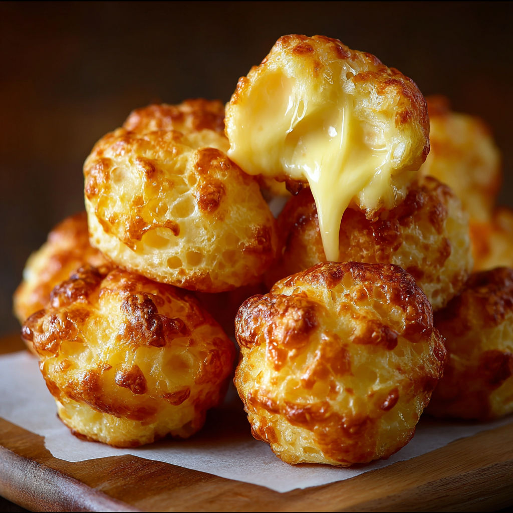 A plate of cheesy puffs with cheese dripping out of them.