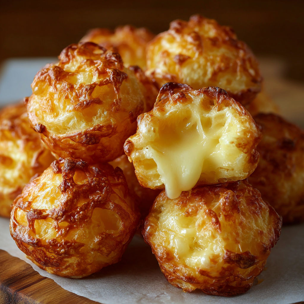 A plate of cheesy, baked, golden-brown puffs, likely a part of a cheese-filled puff recipe, are displayed on a wooden table.