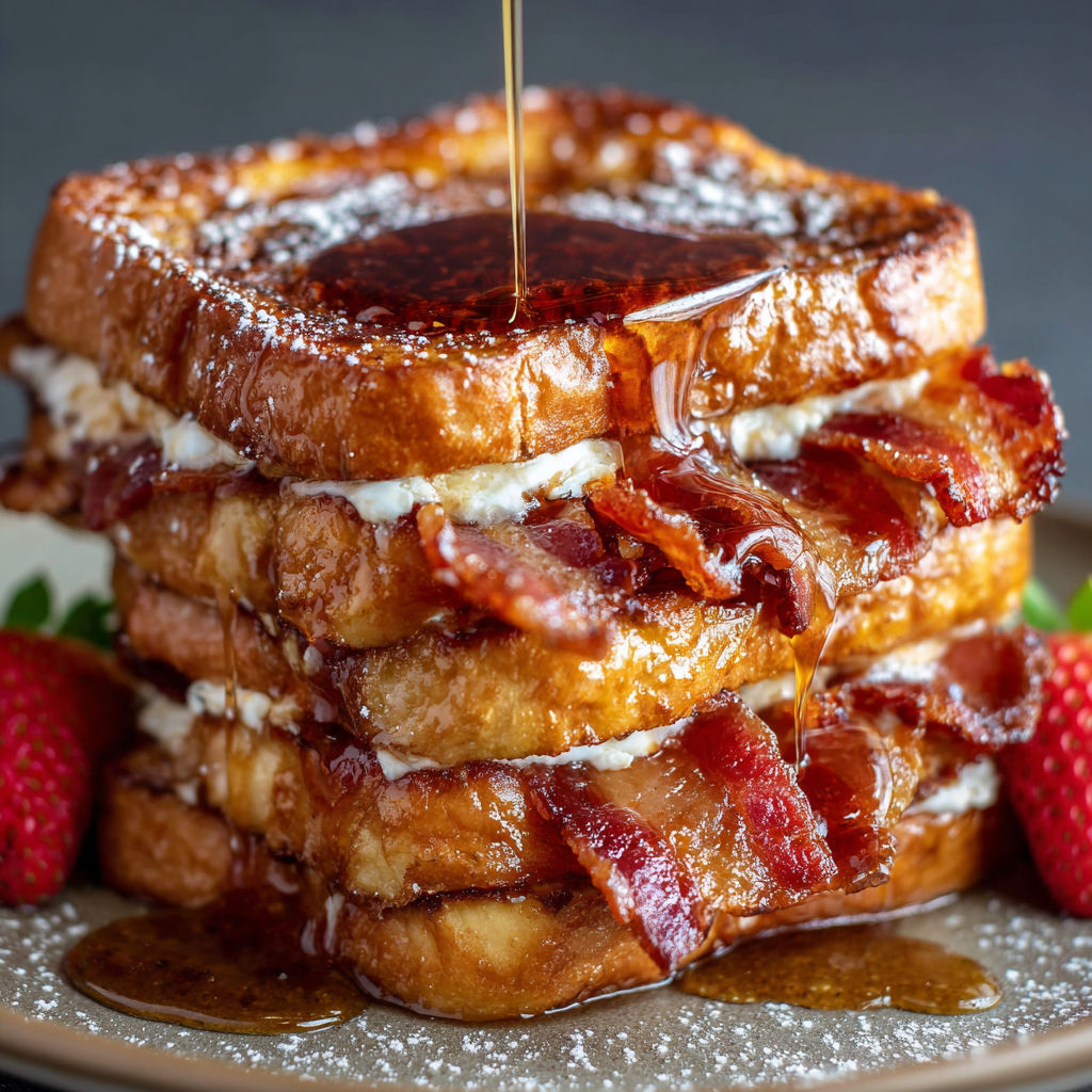 A delicious stack of bourbon maple bacon stuffed French toast.