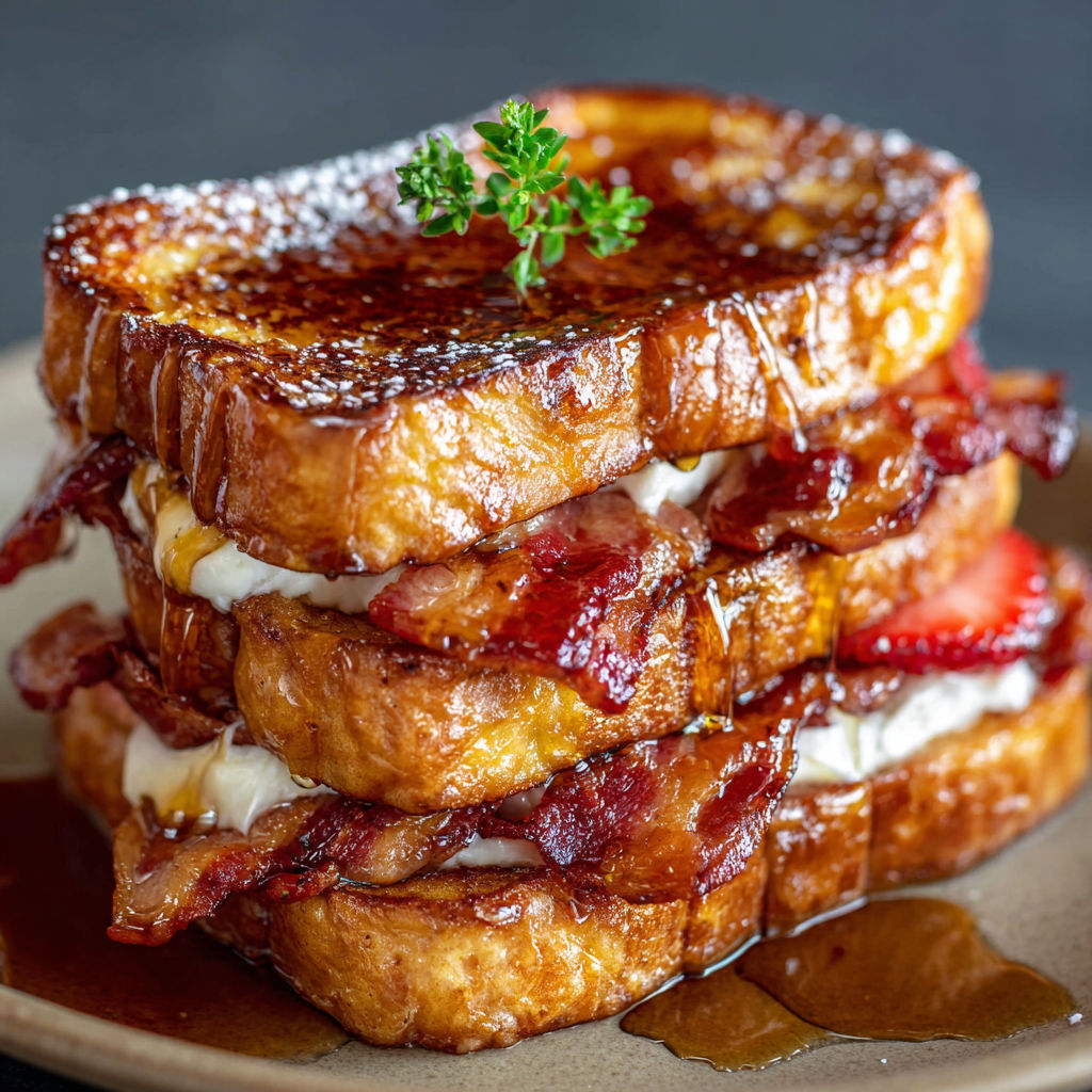 A stack of French toast with bacon and maple syrup on top.