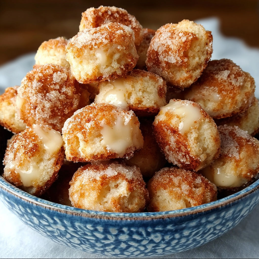 A bowl filled with powdered sugar covered doughnuts.