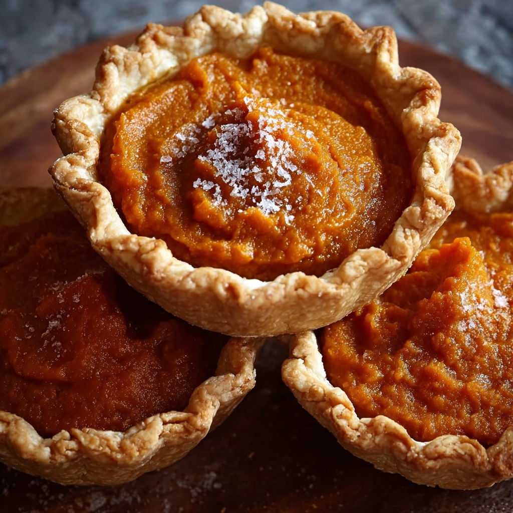 Three mini sweet potato pies with a dusting of powdered sugar on top.