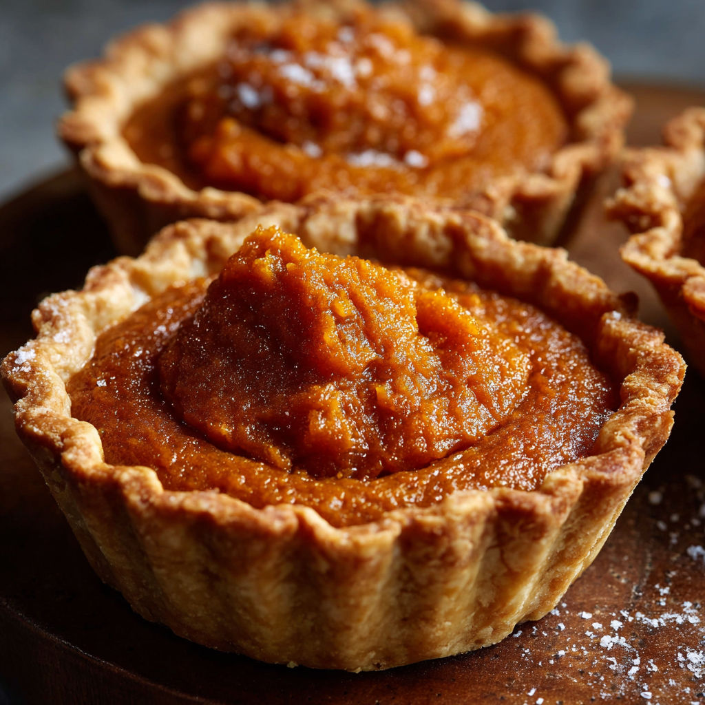 Three small pumpkin pies on a wooden tray, each with a spoonful of sugar.