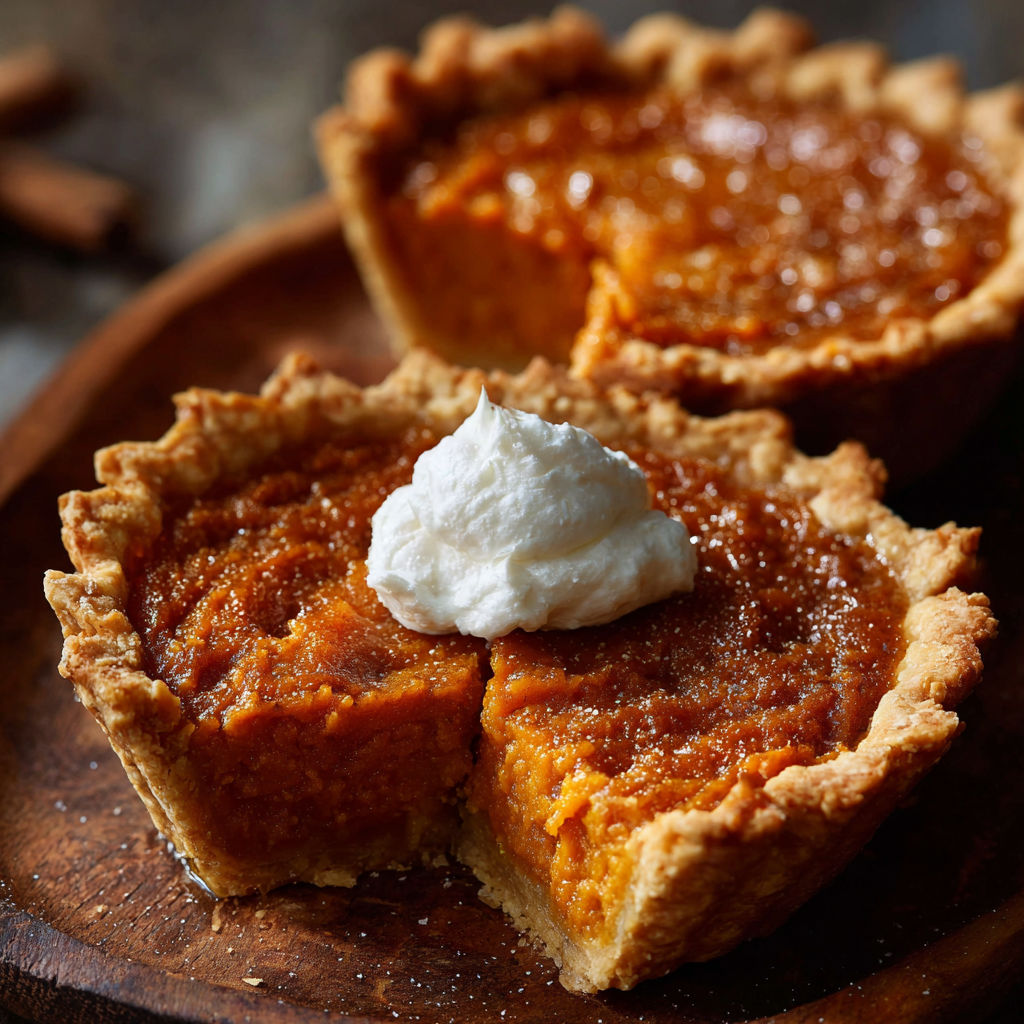 A slice of pie with whipped cream on top, sitting on a wooden plate.