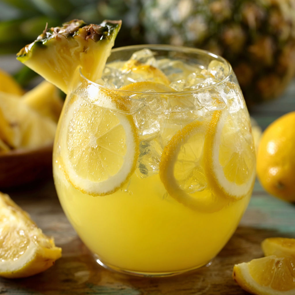 A glass of Pineapple Lemonade Punch is filled with lemon slices and pineapple chunks.