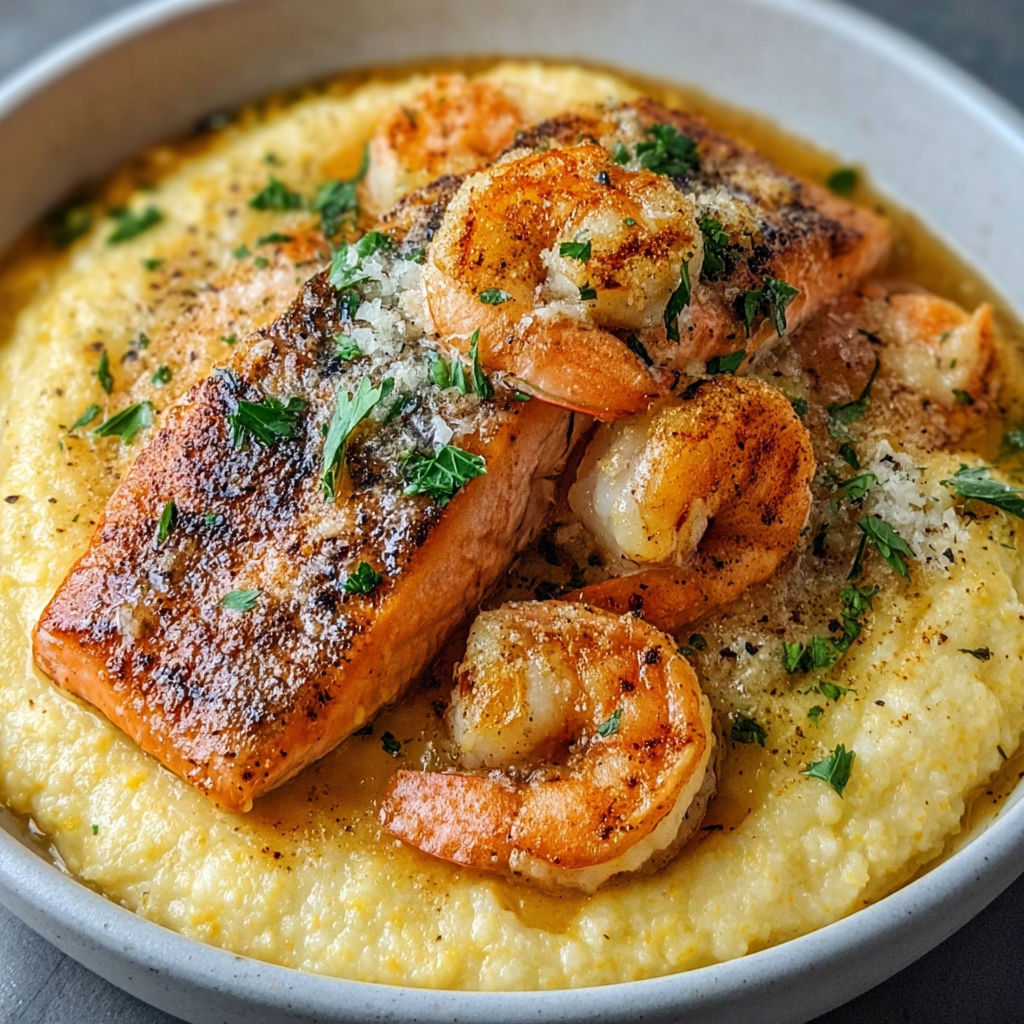 A bowl of shrimp and grits with a sprig of parsley on top.