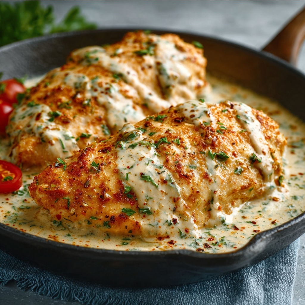 A delicious dish of Easy Cream Cheese Chicken is served in a black pan.