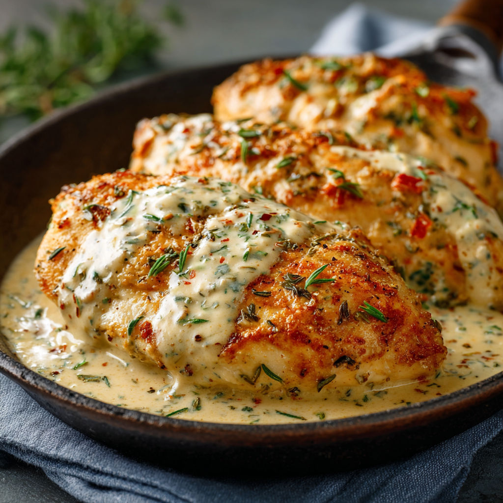 A plate of chicken with a creamy sauce on top, served with a side of herbs.