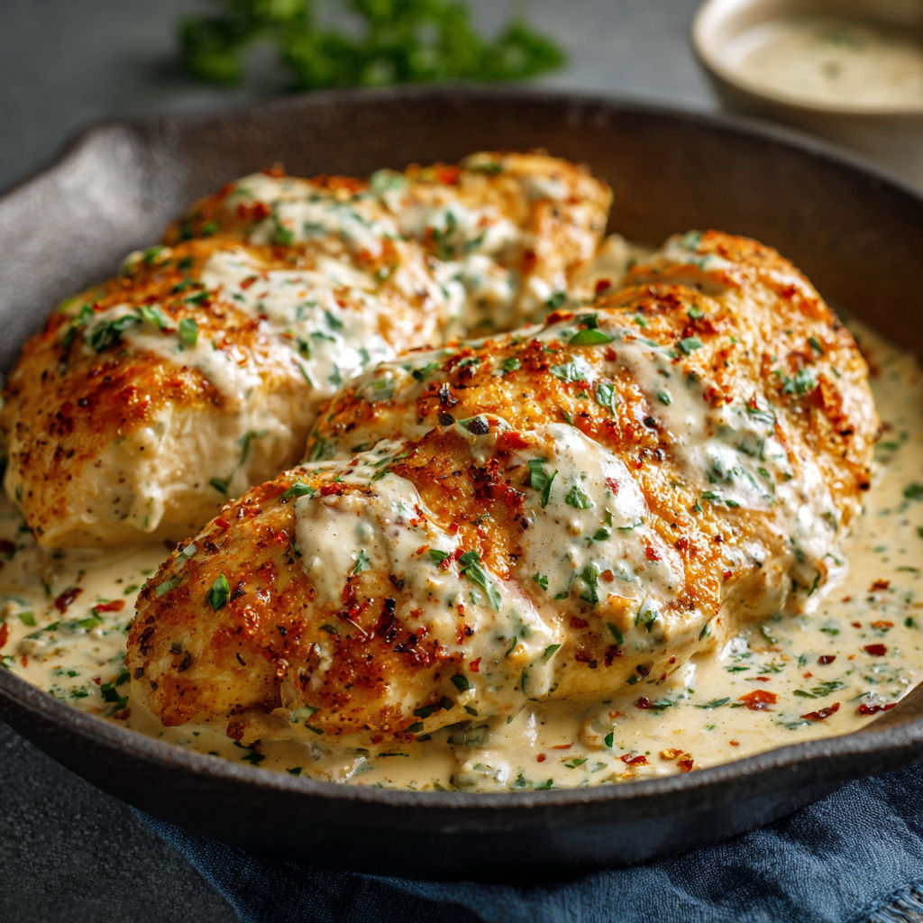 A delicious meal of chicken with a creamy sauce and herbs, served in a bowl.