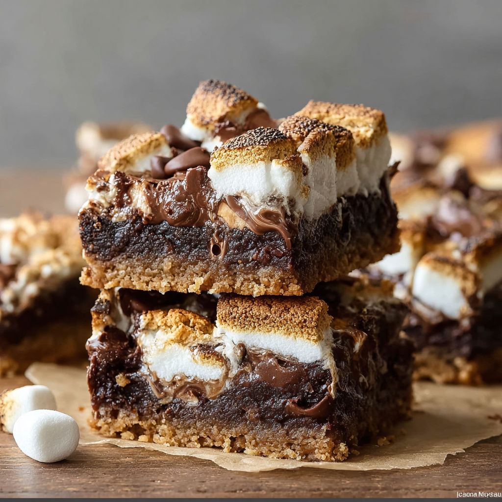 A delicious dessert called S'mores Brownies is displayed on a table, with a close-up of the chocolate and marshmallow toppings.