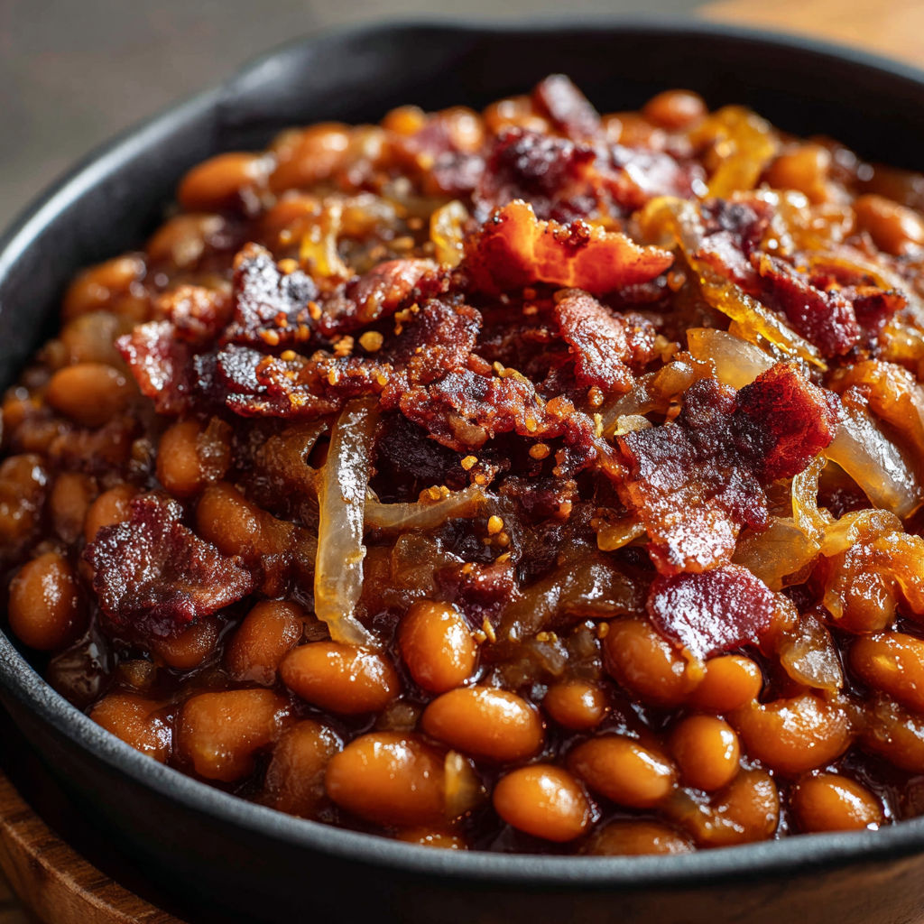 A bowl of beans topped with bacon and onions, likely a bean and bacon dish.