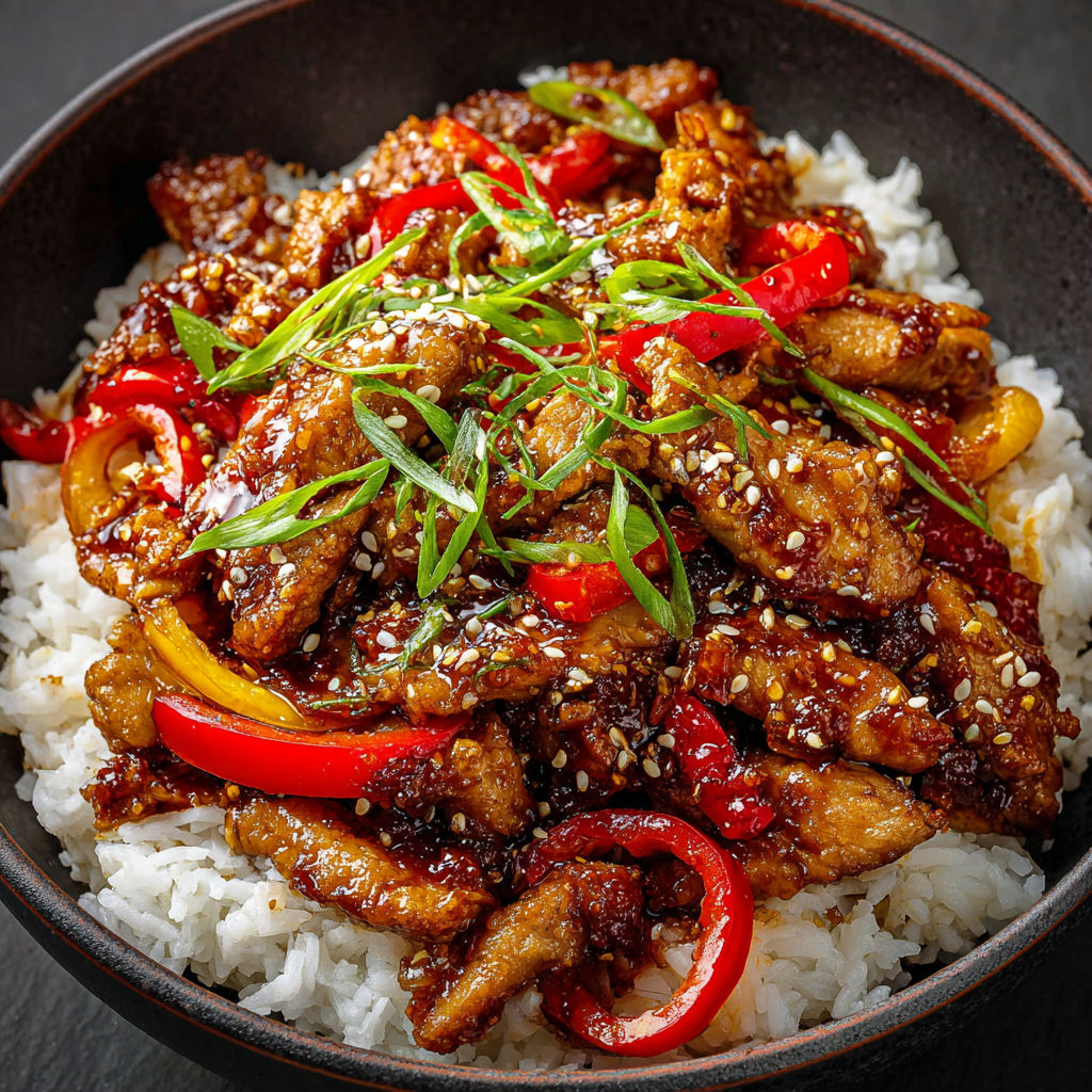 A bowl of Dragon Chicken with rice and peppers.