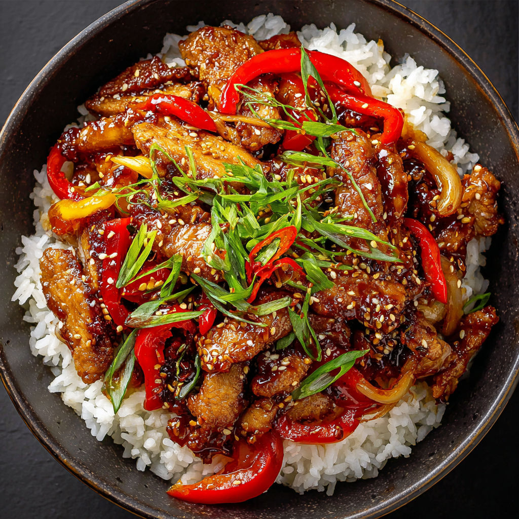 A bowl of Dragon Chicken with rice and peppers.