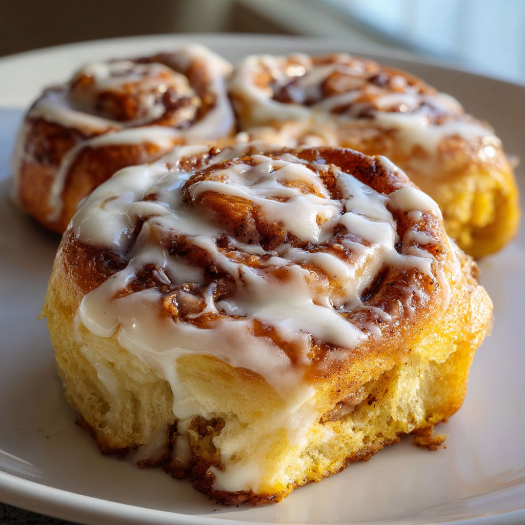 A plate of cinnamon rolls with white icing on top.