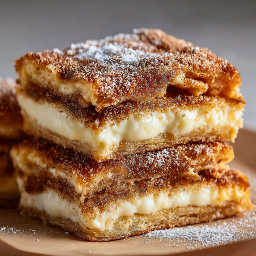 A stack of three sandwiches with powdered sugar on top, likely a dessert or a sweet treat.
