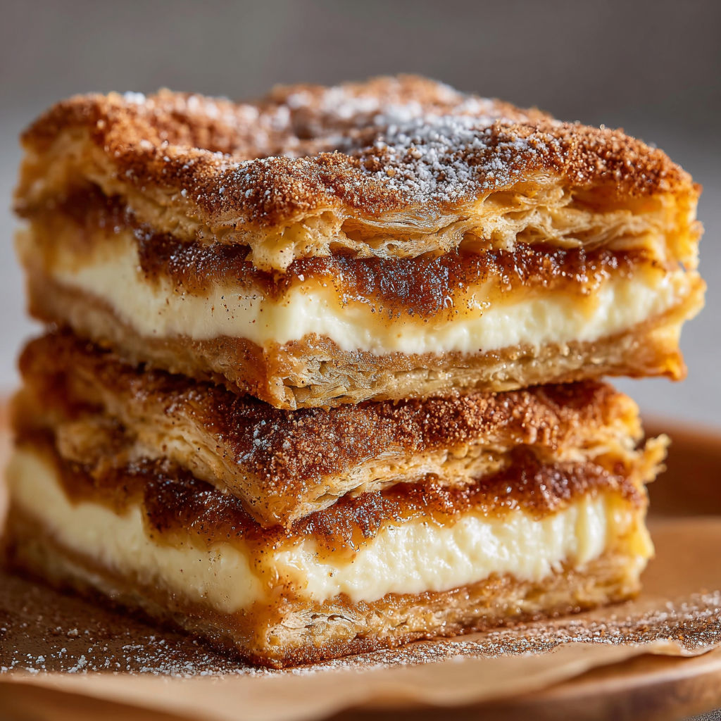 A stack of three delicious-looking pastries, possibly cream-filled, are sitting on a wooden table.