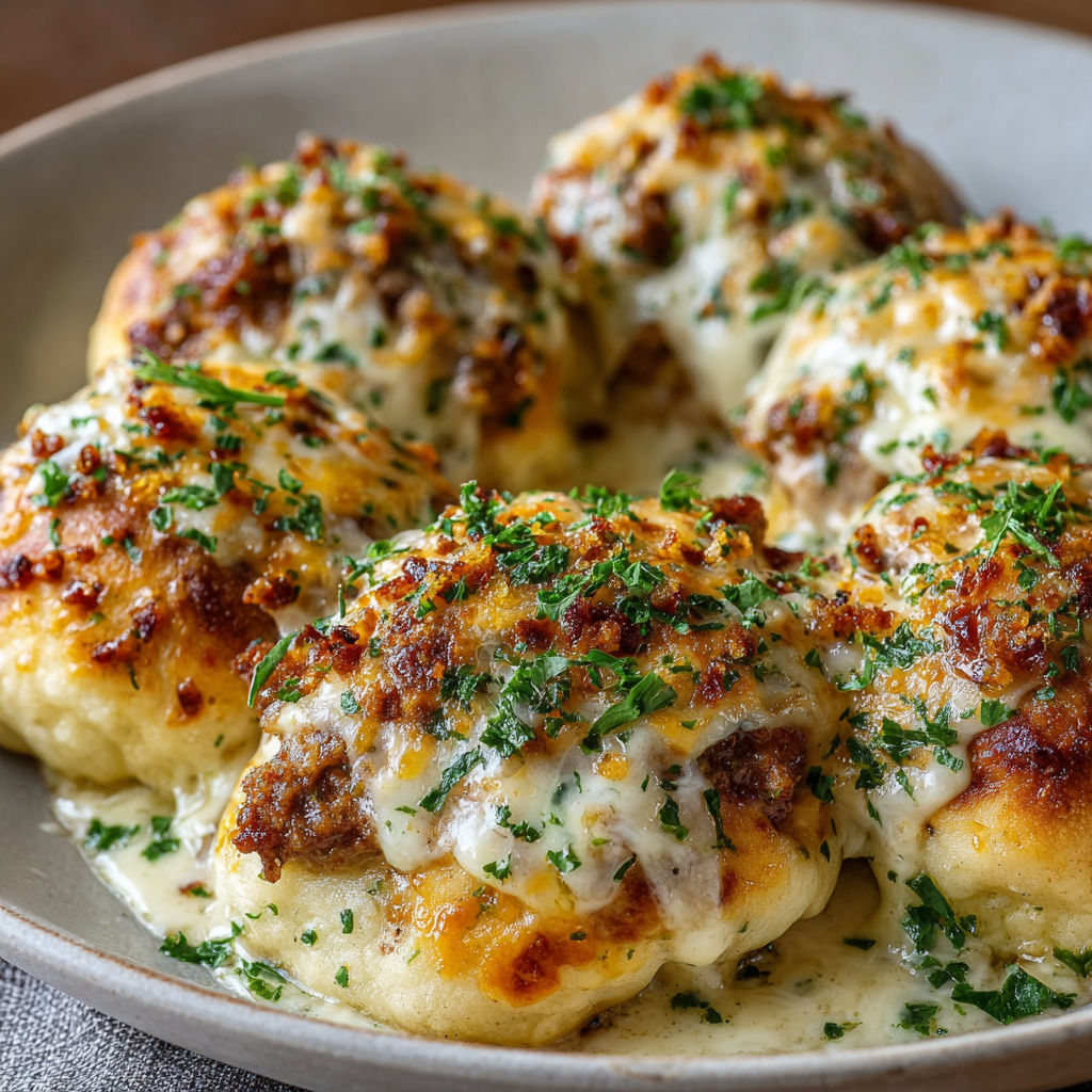 A plate of Baked Cream Cheese Chicken with a white sauce.