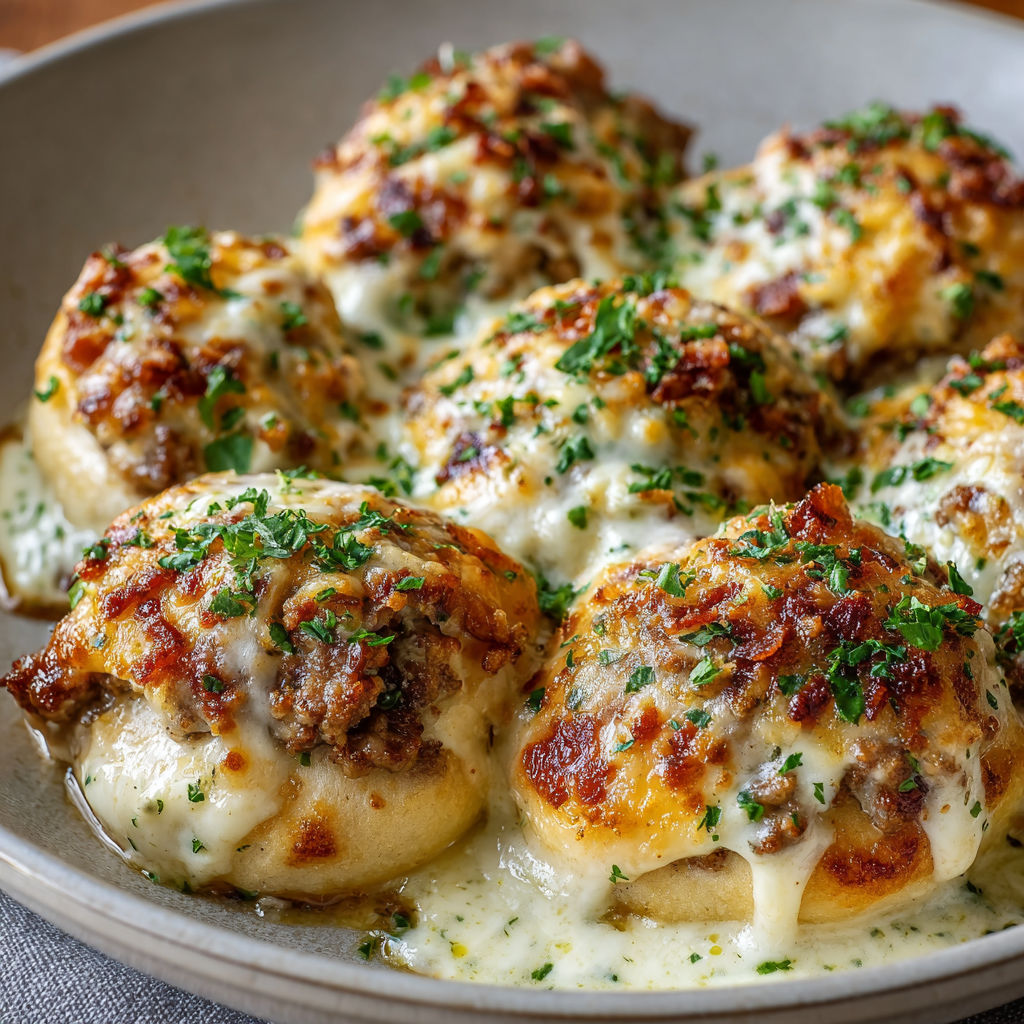 A plate of meatballs covered in cheese and sauce.