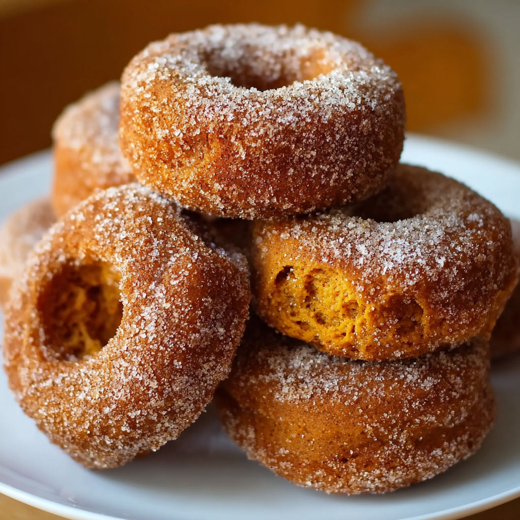 A stack of sugar-coated donuts on a plate.