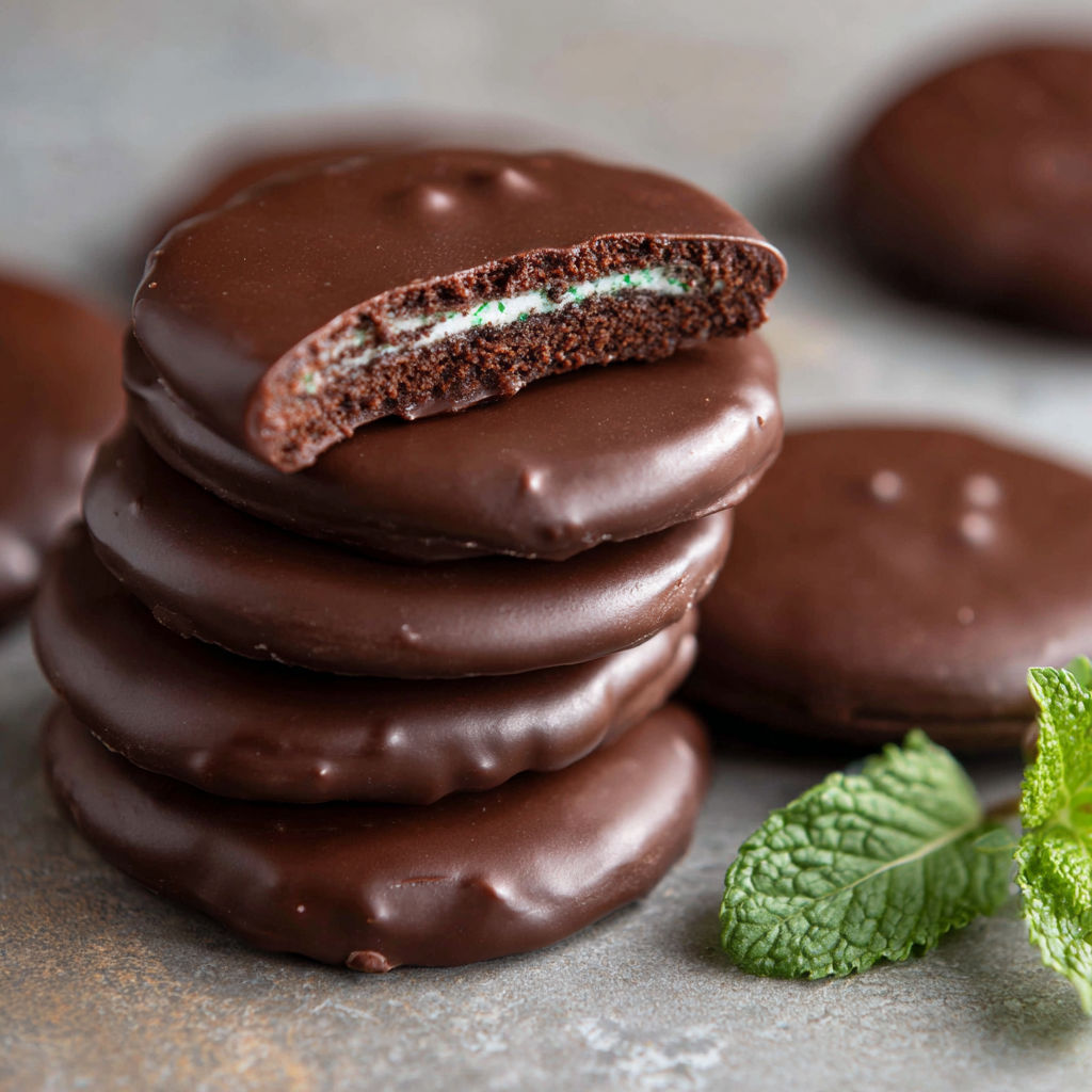 A stack of chocolate chip cookies with mint leaves on the side.