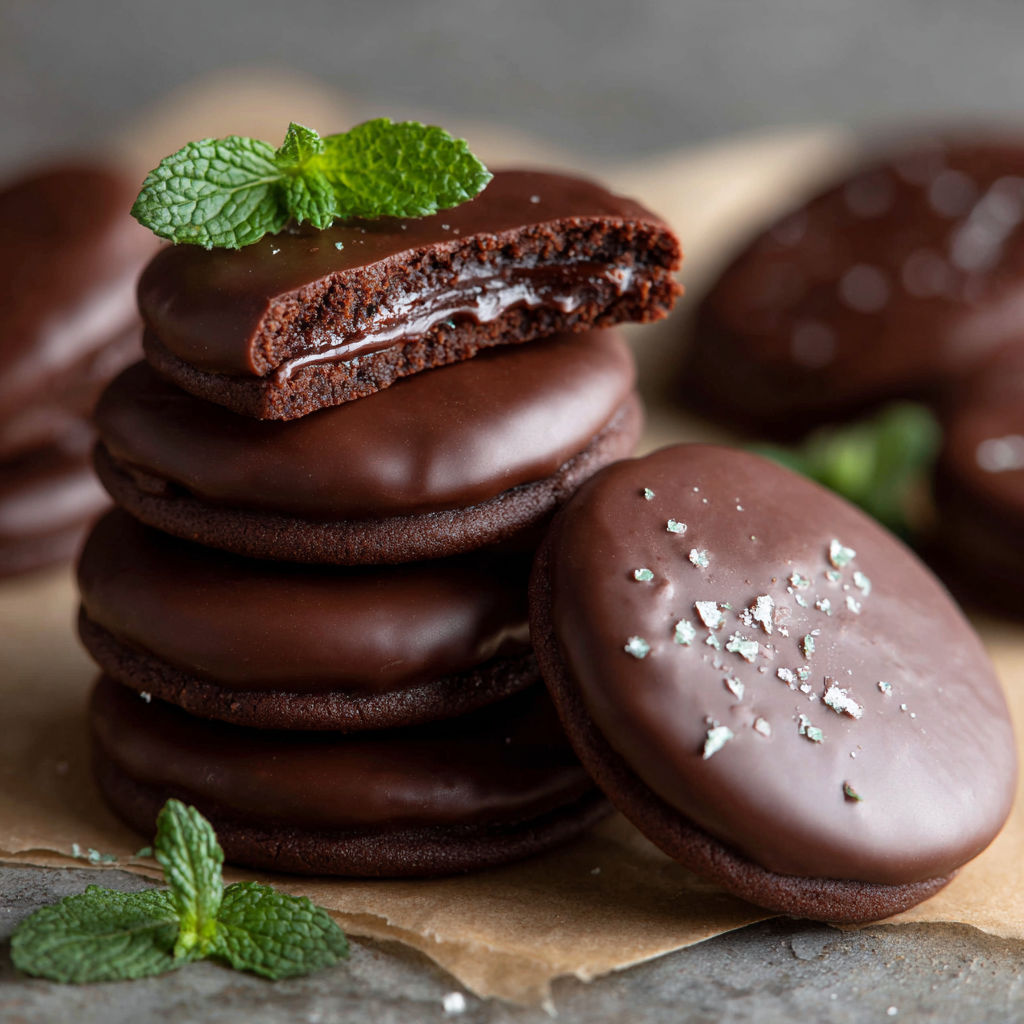 Chocolate chip cookies with mint leaves on top, stacked on a table.