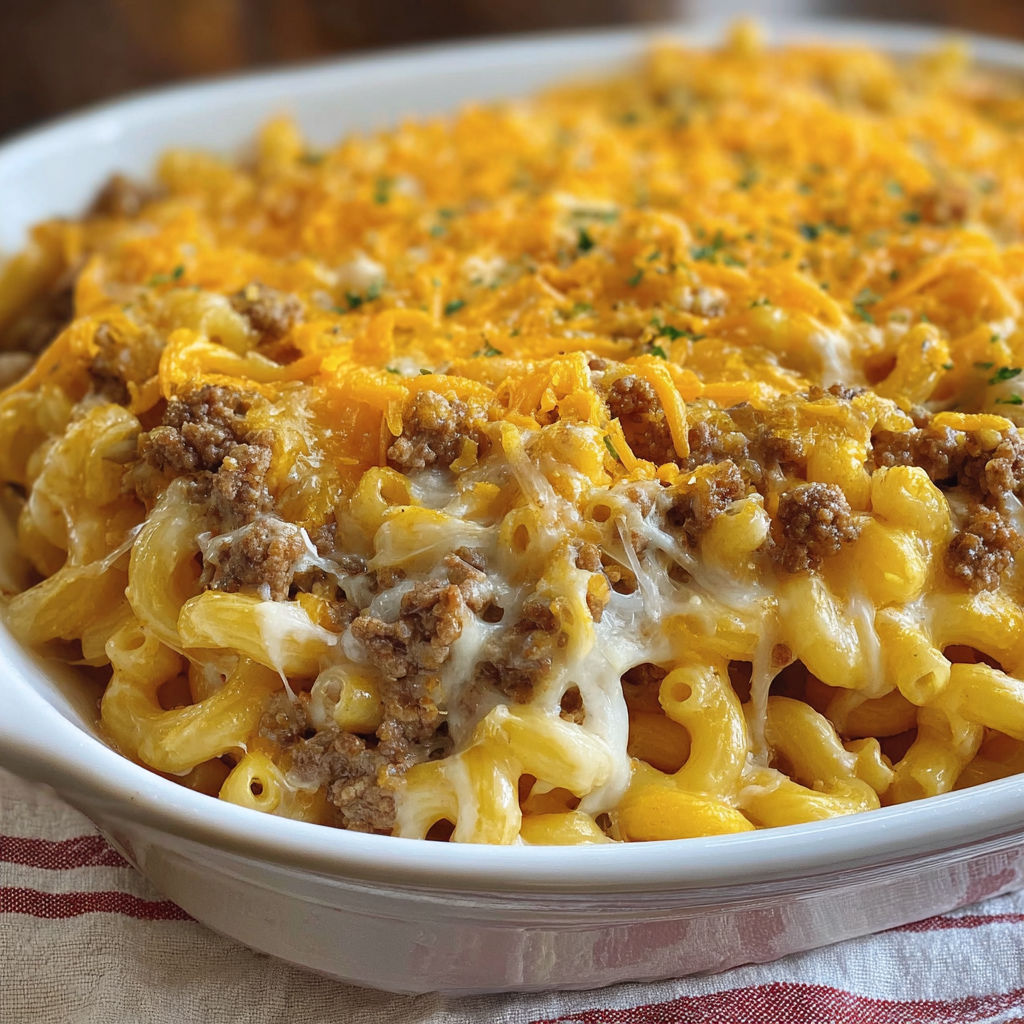 A delicious cheesy macaroni hamburger casserole in a white bowl.