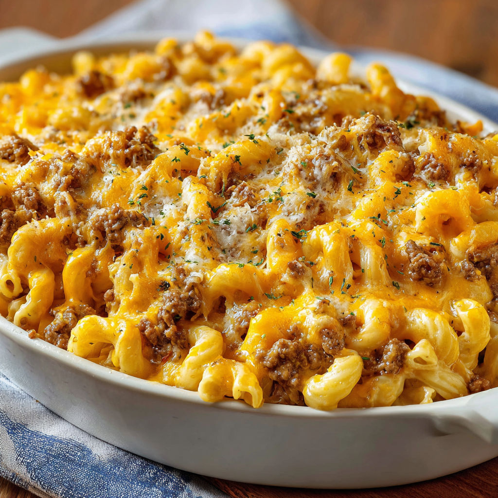 A delicious macaroni and cheese dish with meat and cheese on top.