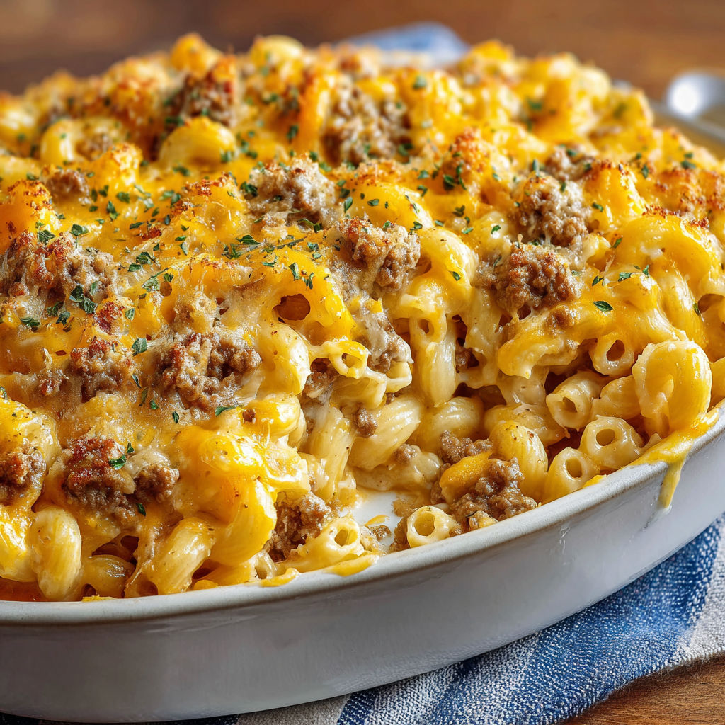 A delicious macaroni and cheese dish with meat and vegetables.