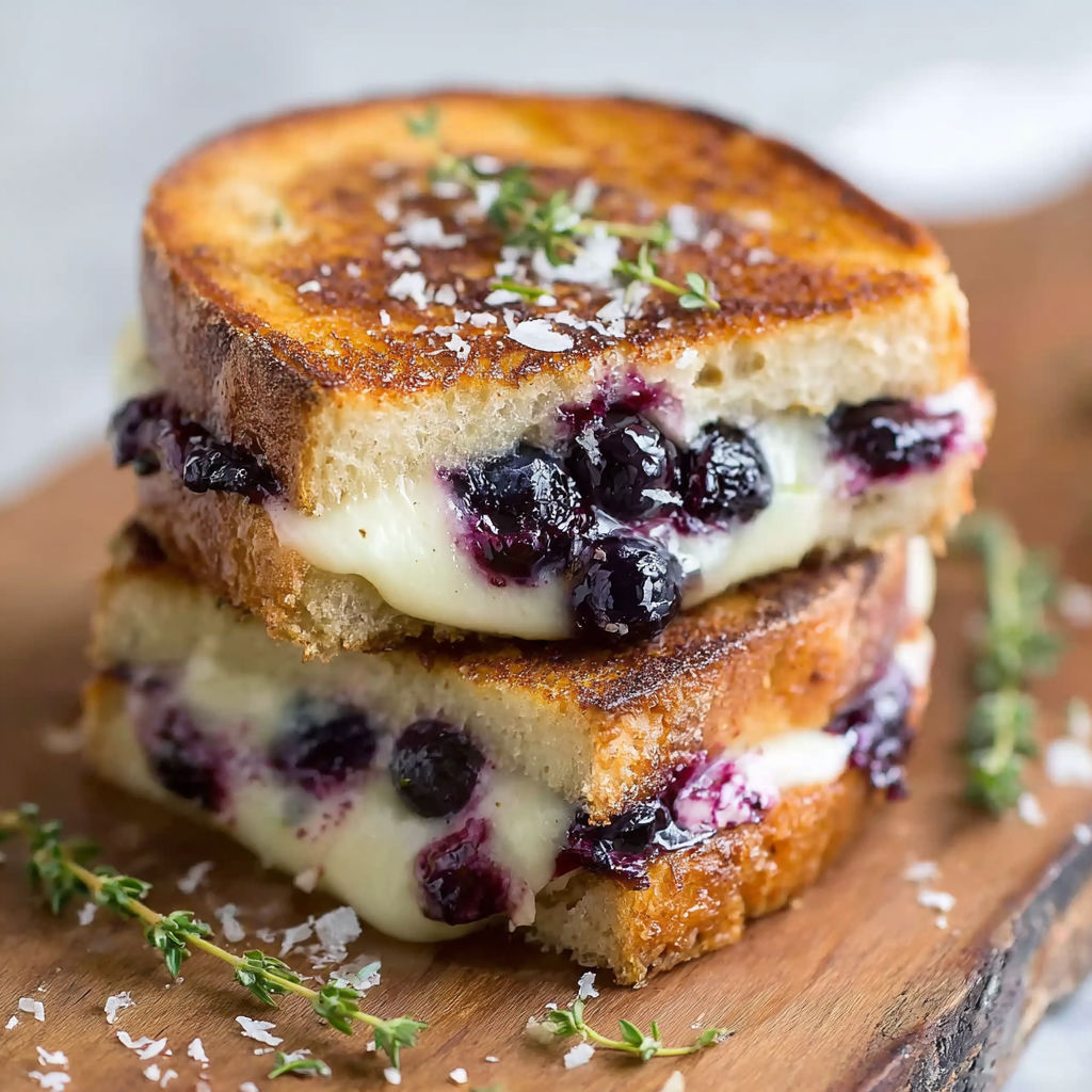 A stack of three grilled cheese sandwiches with blueberries on top.