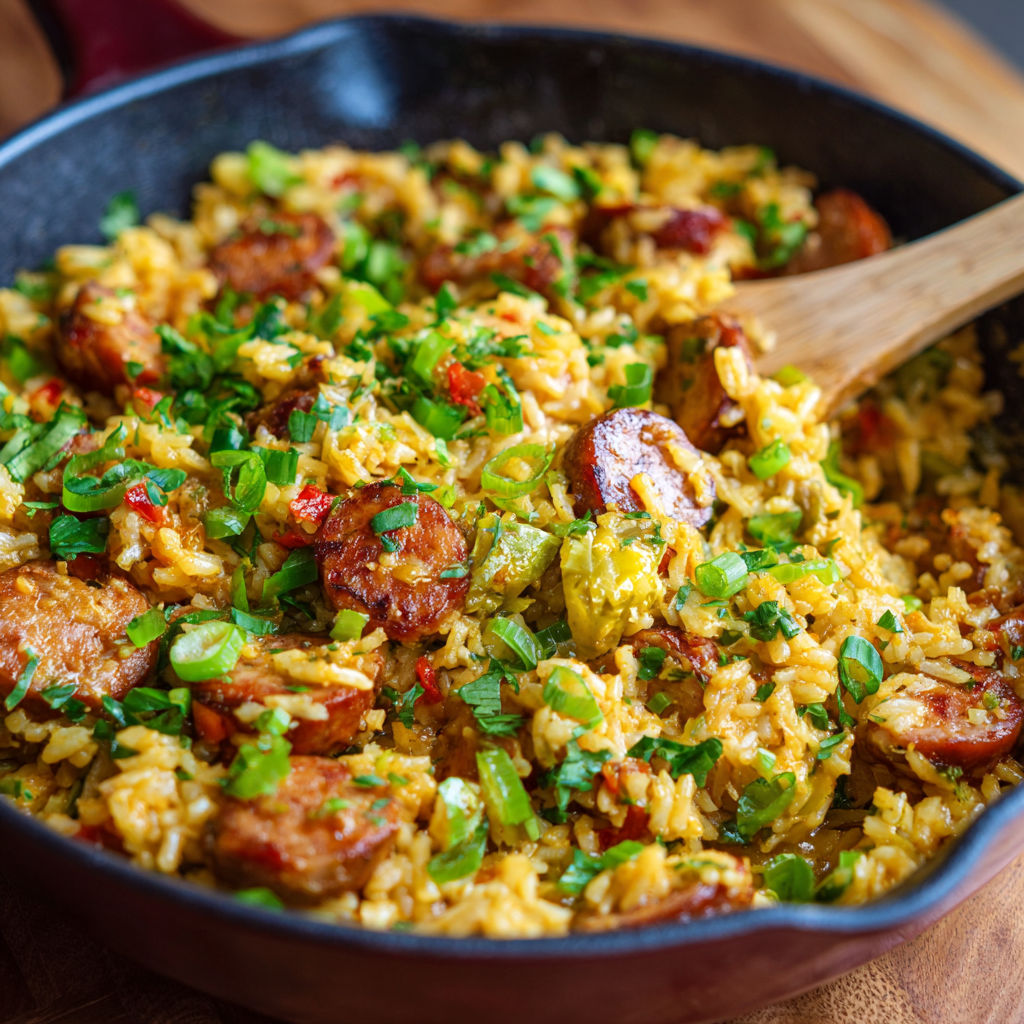 A delicious rice dish with sausage, peppers, and onions, served in a black pan.