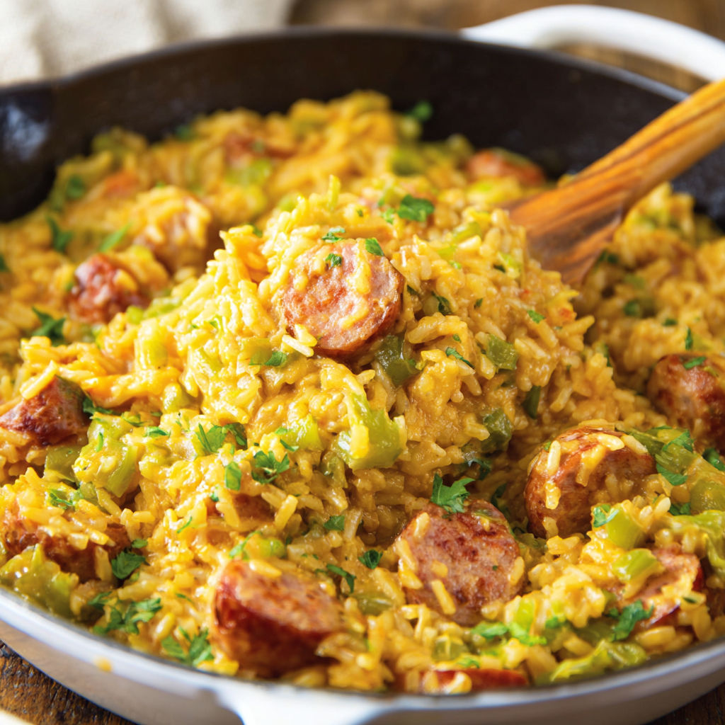 A delicious rice dish with sausage and vegetables, served in a black pan.