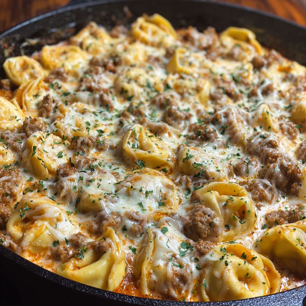 A delicious Creamy Italian Sausage Tortellini dish, cooked in a skillet and ready to be served.
