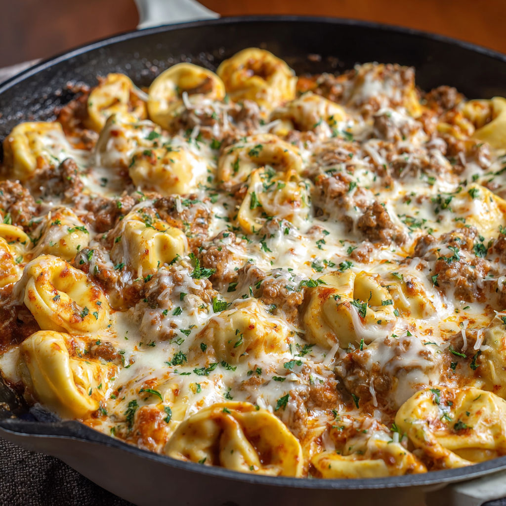 A delicious pasta dish with meat and cheese, served in a black skillet.