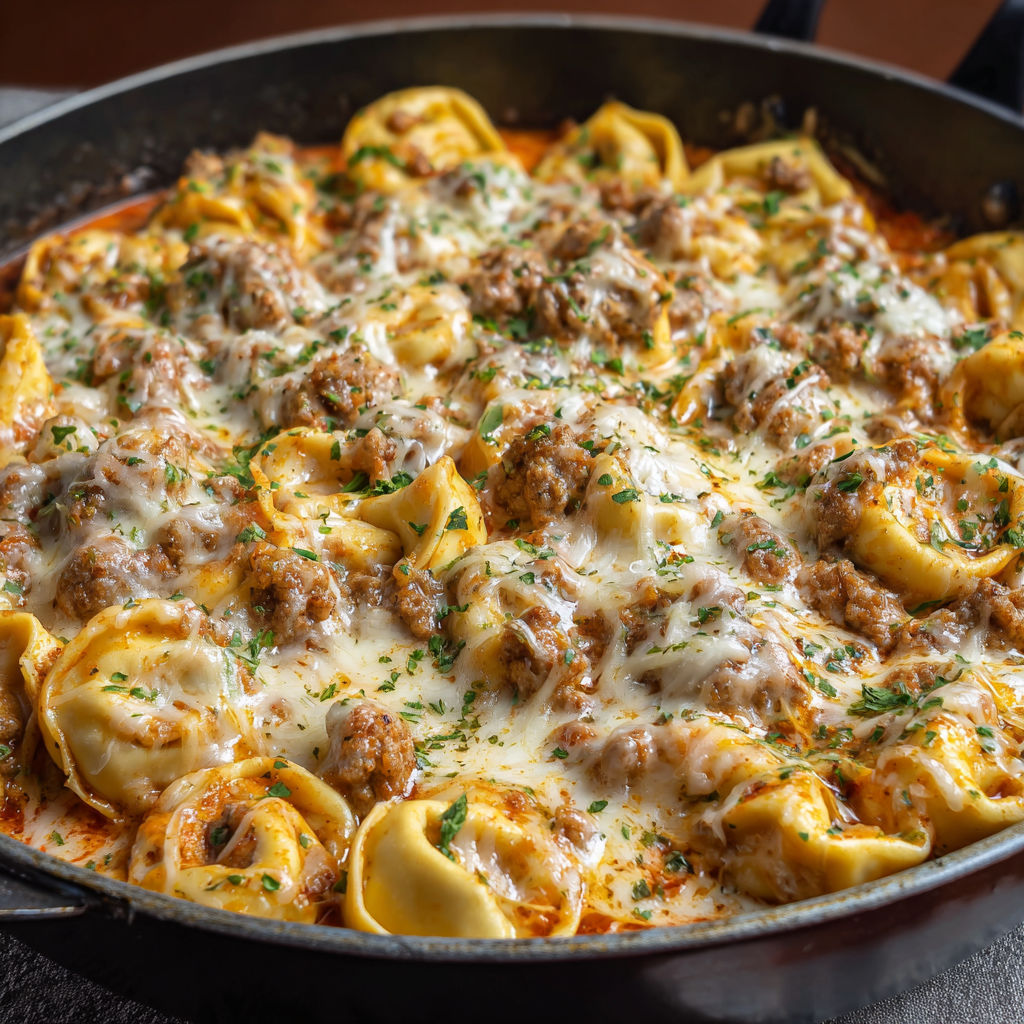 A delicious pasta dish with meat and cheese, served in a pan.