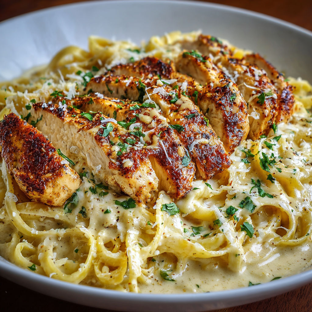 A plate of Cheesy Cajun Alfredo Pasta Chicken.