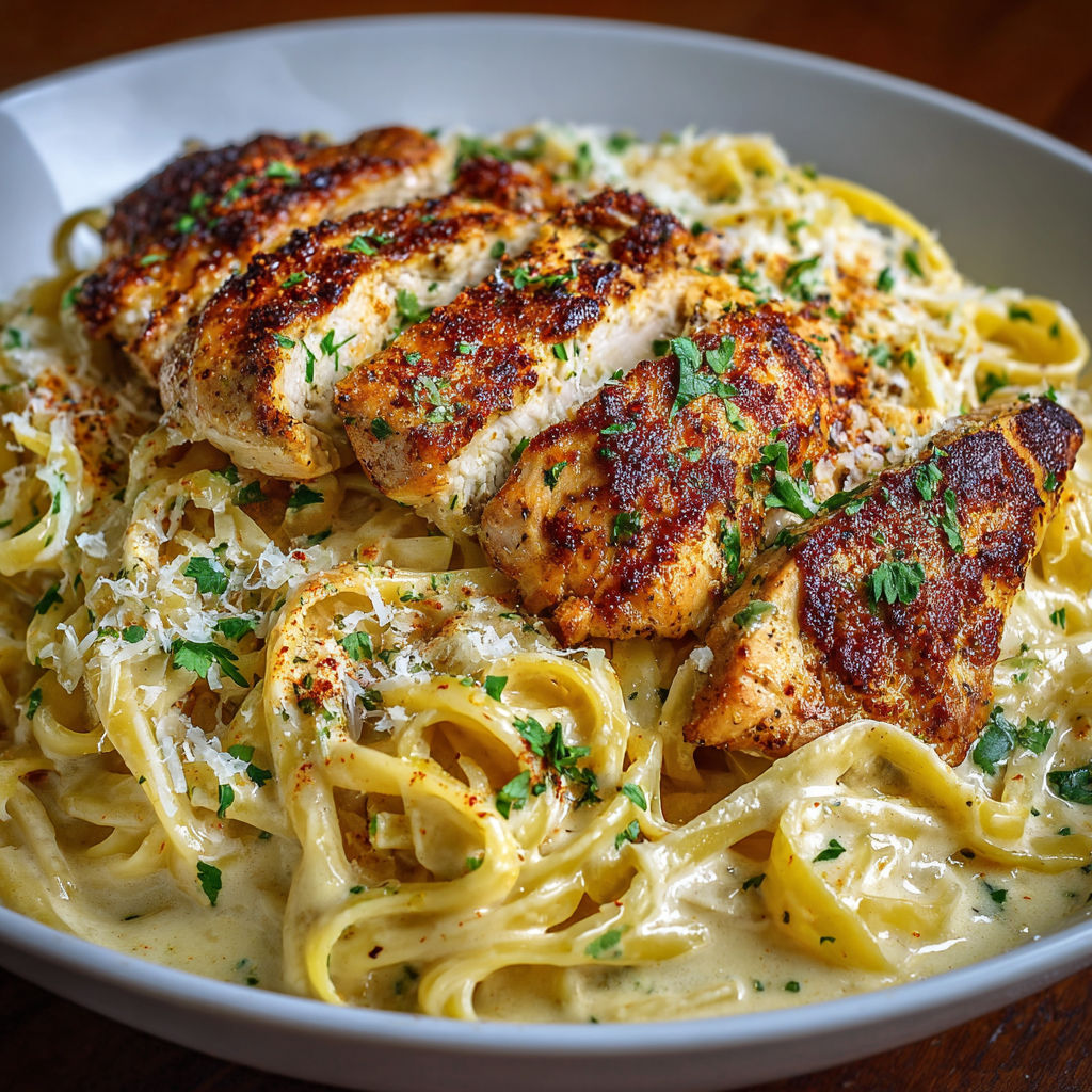 A plate of pasta with chicken and herbs on top.