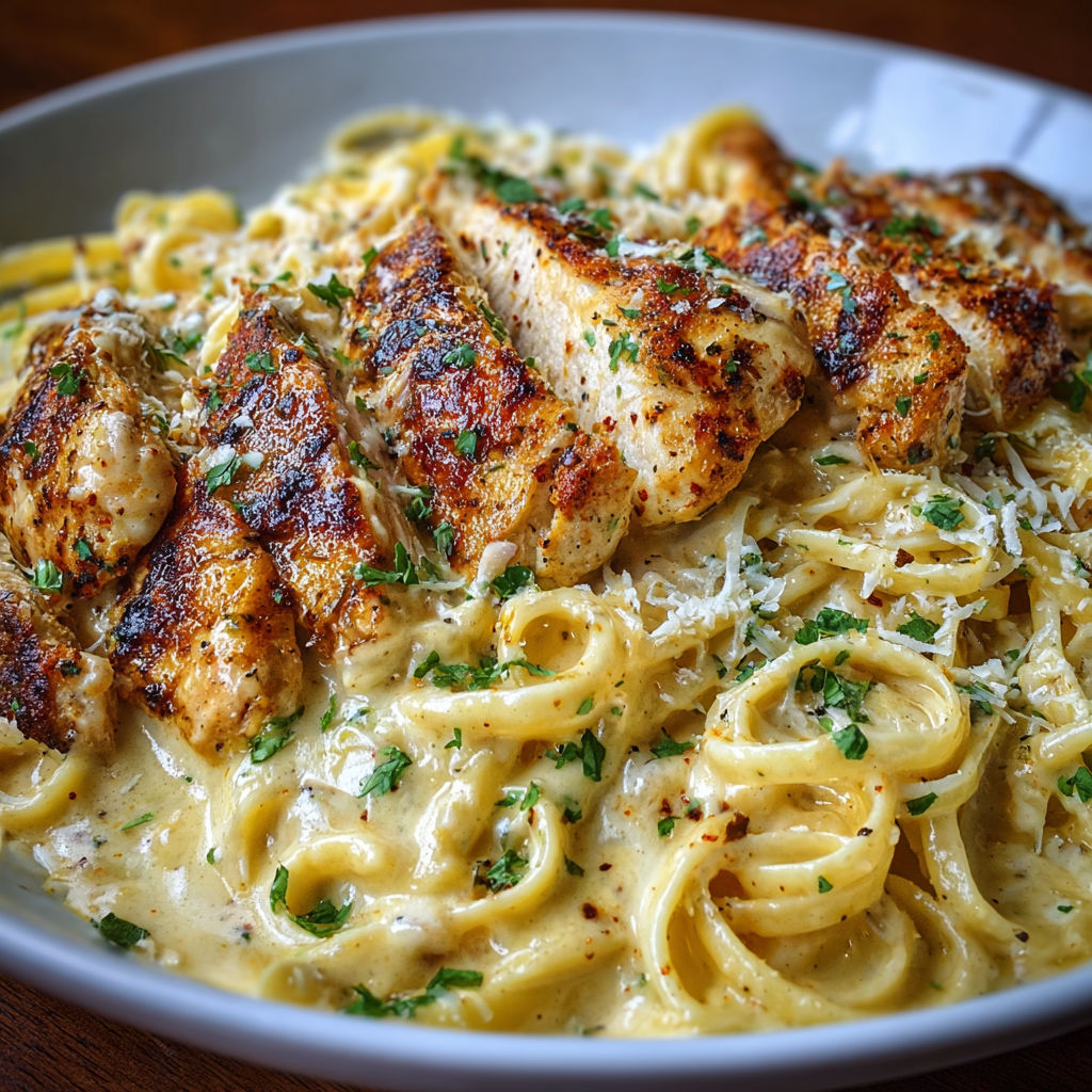 A plate of pasta with chicken and cheese, served on a wooden table.